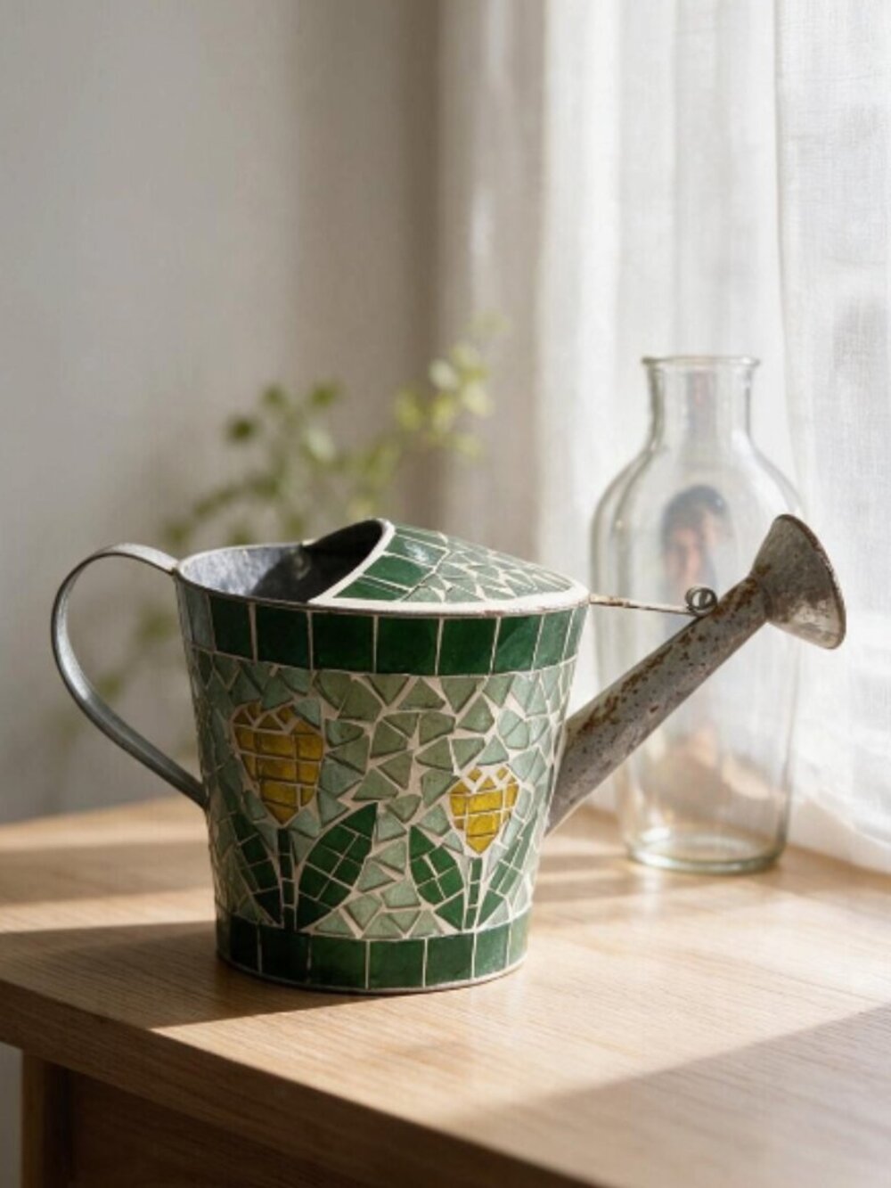WATERING CAN -- Vintage Mosaic Glass Garden Acdent, Green & Yellow Floral, Decor
